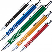 Automātiskā lodīšu pildspalva, plastmasas korpuss ar gumijotu posmu ērtai rakstīšanai. Metāla uzgalis.